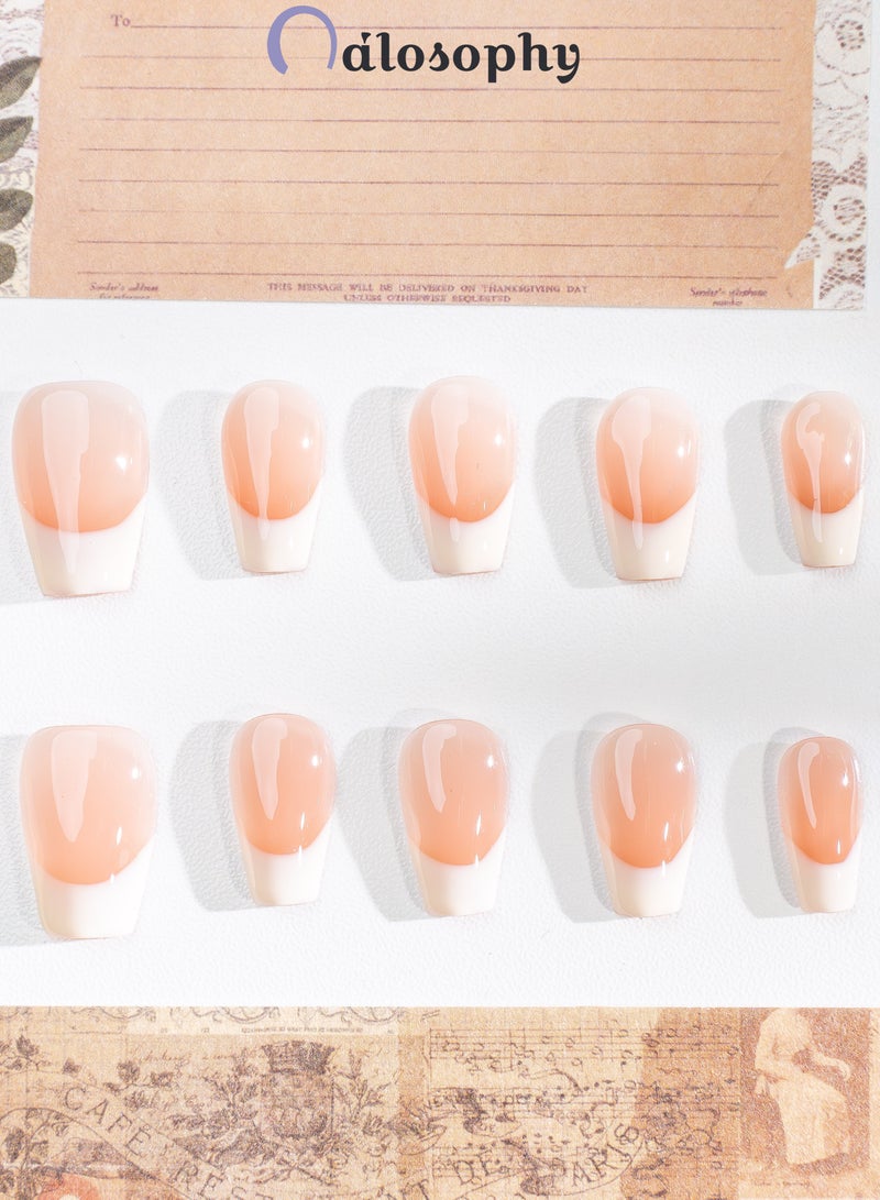 Nailosophy 10 Pcs Handmade Gel Press On Nails Oval French Tip Peach Nude Reusable False Nails Nail Kit for Women Daily Wear Office Wedding Eid - Image 3