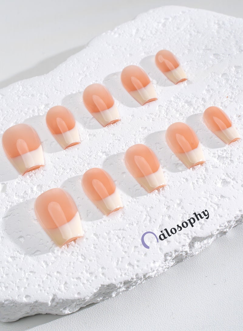 Nailosophy 10 Pcs Handmade Gel Press On Nails Oval French Tip Peach Nude Reusable False Nails Nail Kit for Women Daily Wear Office Wedding Eid - Image 4