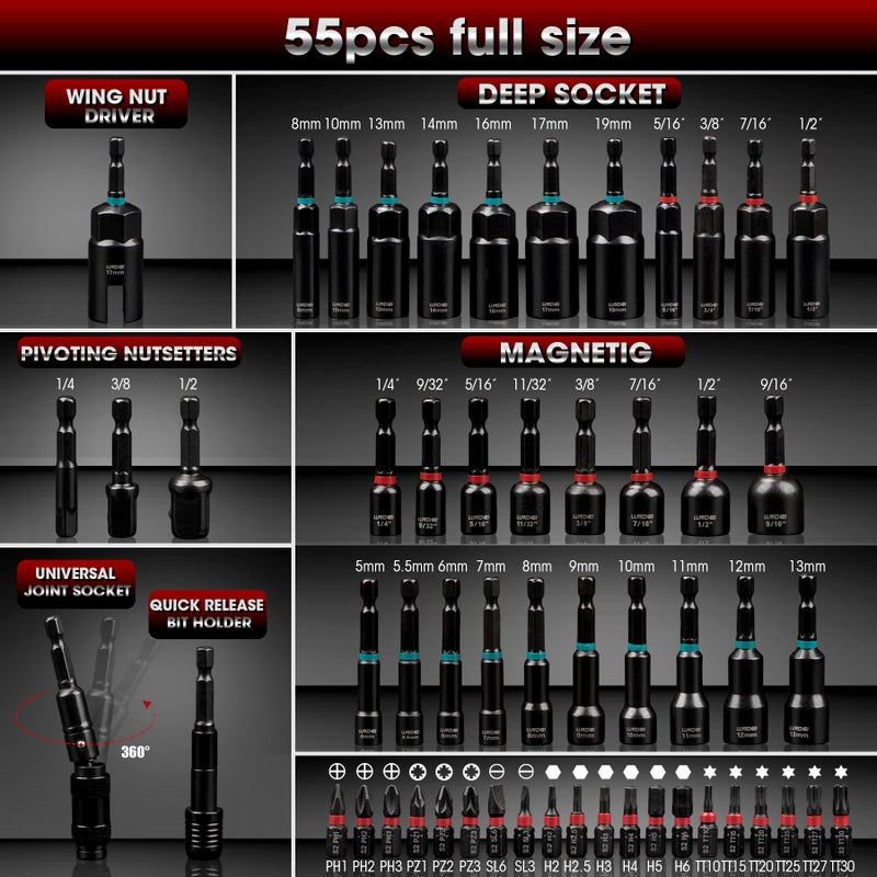 LLNDEI Magnetic Impact Nut Driver Set, 55PCS 1/4 socket set with Deep Driver Bit Sets Includes Bit Extension, Pivoting & Wing Nut Setters Compatible with Impact Drills & Deep Drivers - Image 2