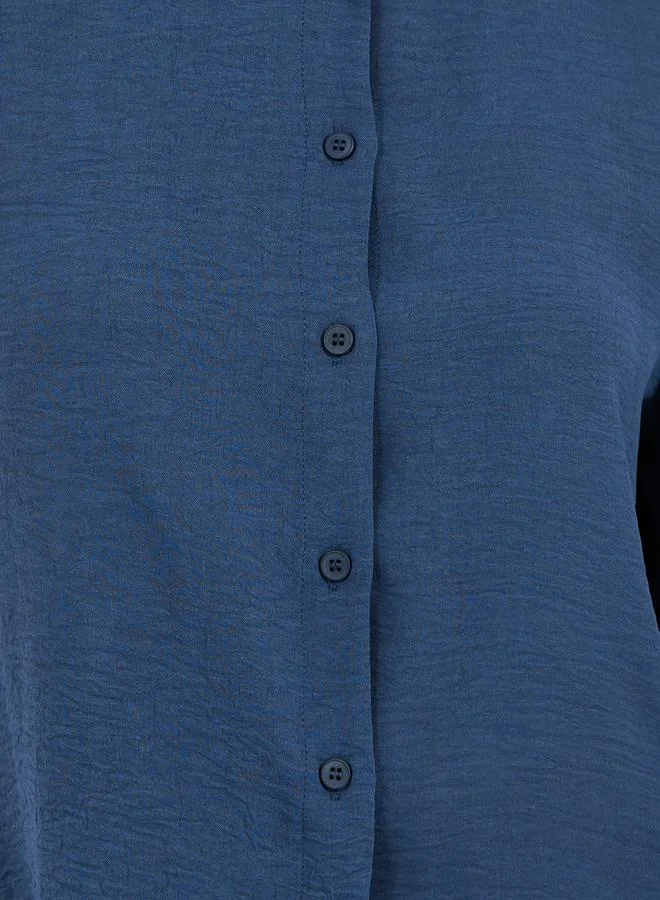 Styli Navy Blue Solid Long Sleeve Blouse