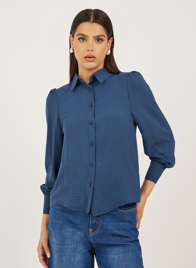 Styli Navy Blue Solid Long Sleeve Blouse - Image 2