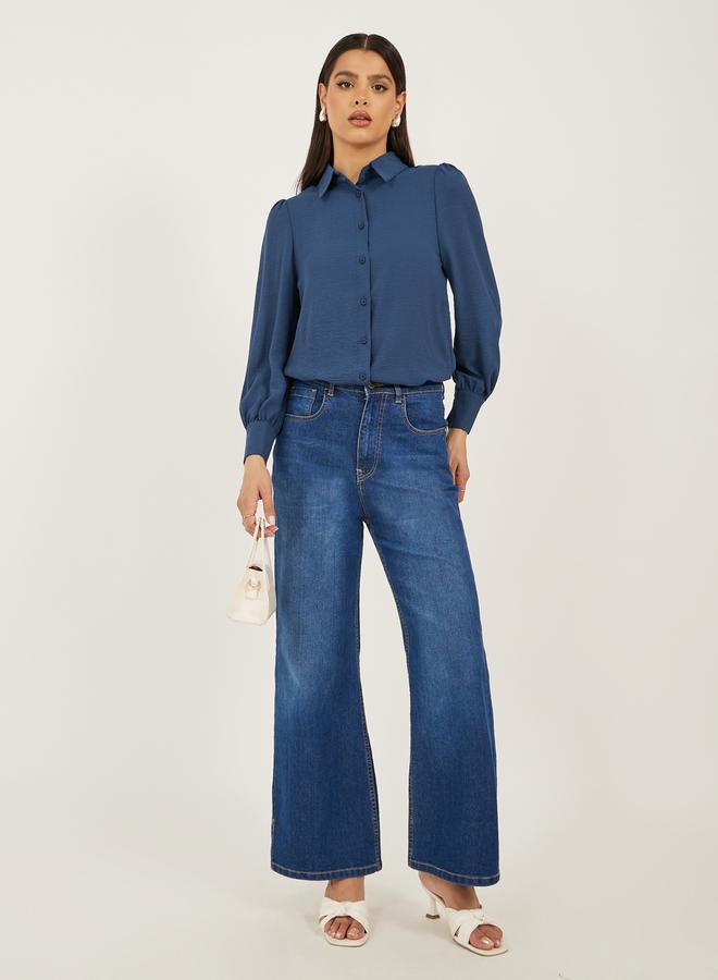 Styli Navy Blue Solid Long Sleeve Blouse - Image 3