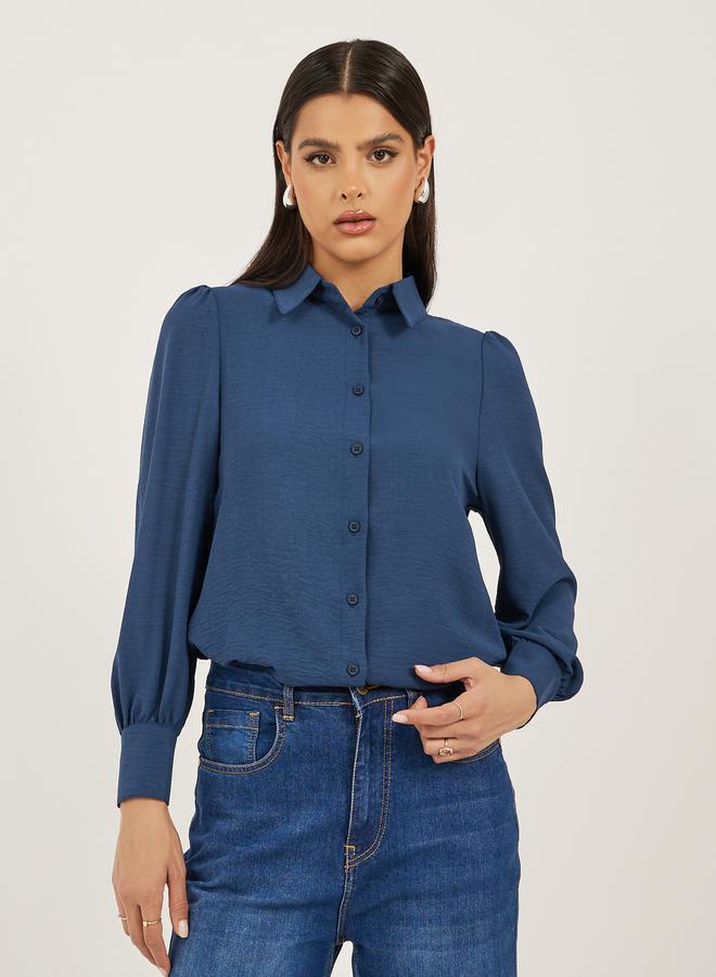 Styli Navy Blue Solid Long Sleeve Blouse - Image 1