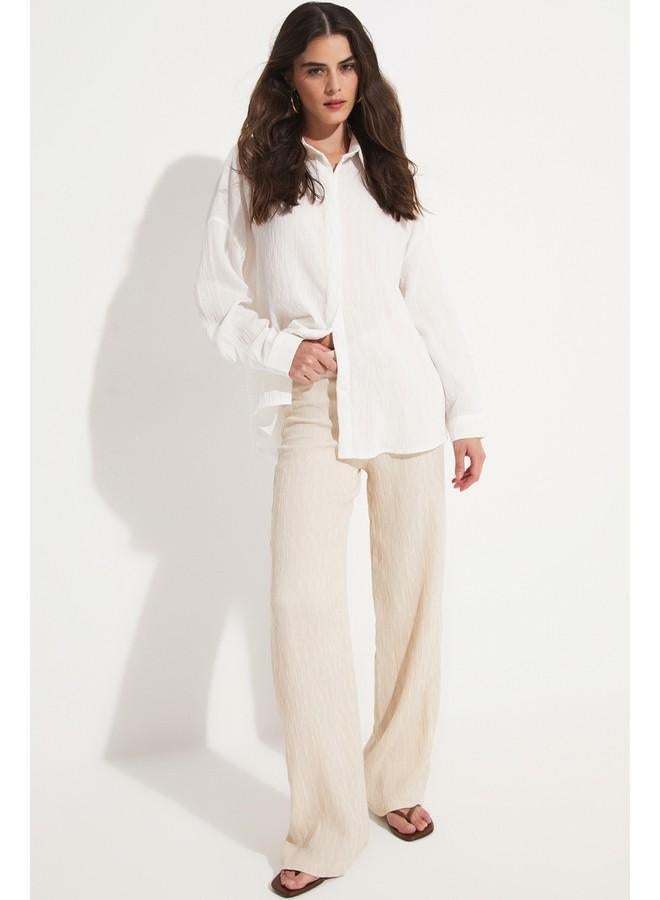 جون قميص نسائي من مزيج الفيسكوز منسوج أبيض - Image 4