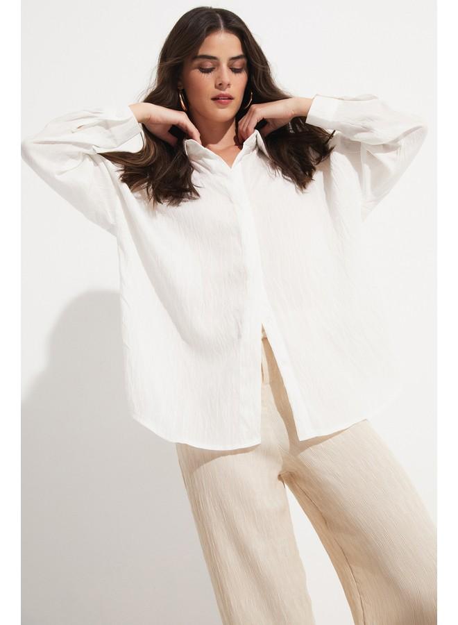 جون قميص نسائي من مزيج الفيسكوز منسوج أبيض - Image 3