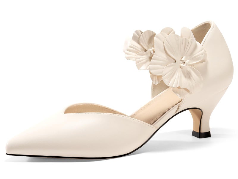 Coutgo Womens Low Kitten Heels Dressy Shoes Comfortable Closed Toe Flower Slip on Formal Party Dance Heeled Pumps, Creamy-White, Size 8 - Image 1