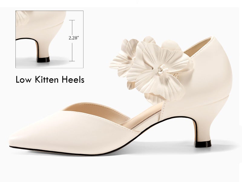 Coutgo Womens Low Kitten Heels Dressy Shoes Comfortable Closed Toe Flower Slip on Formal Party Dance Heeled Pumps, Creamy-White, Size 8 - Image 3