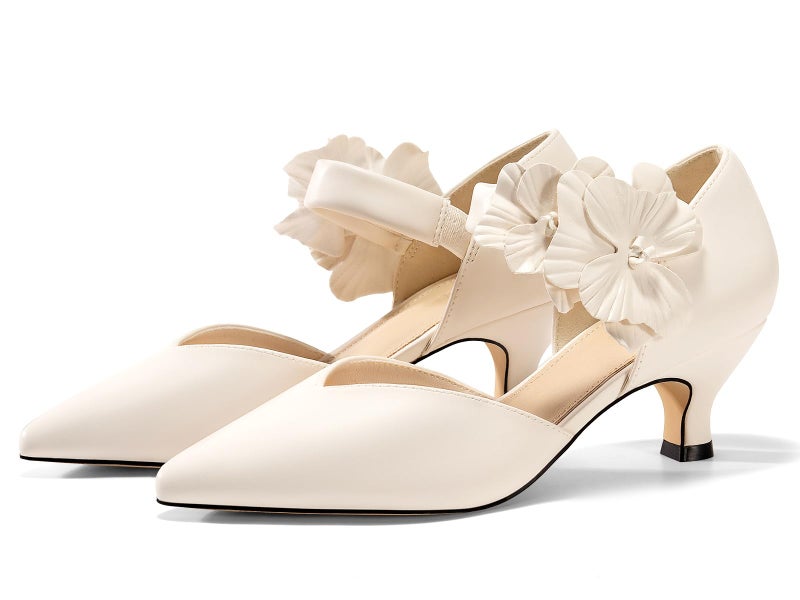 Coutgo Womens Low Kitten Heels Dressy Shoes Comfortable Closed Toe Flower Slip on Formal Party Dance Heeled Pumps, Creamy-White, Size 8 - Image 4