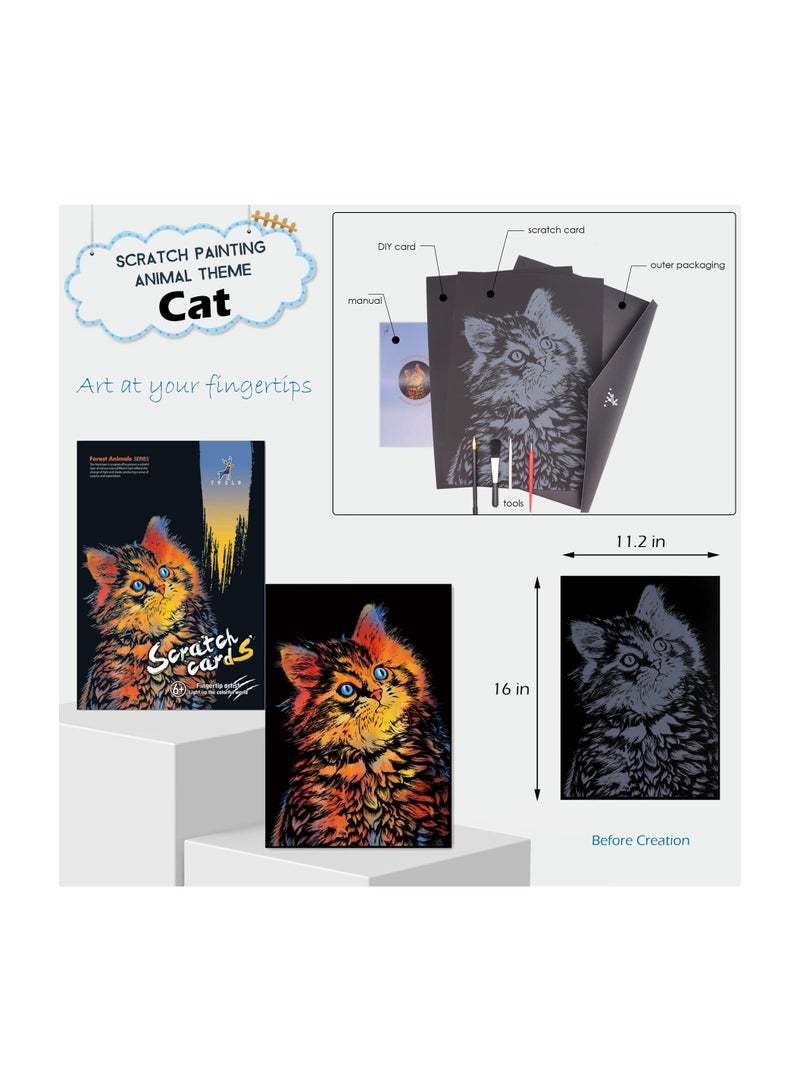 NIBEMINENT Rainbow Scratch Painting Set, SYOSI Sketch Pad DIY Scratchboard, Engraving Art and Craft Creative Gift, Birthday Gift Ideas Kids, with Tools (Unicorn Cat) - Image 2