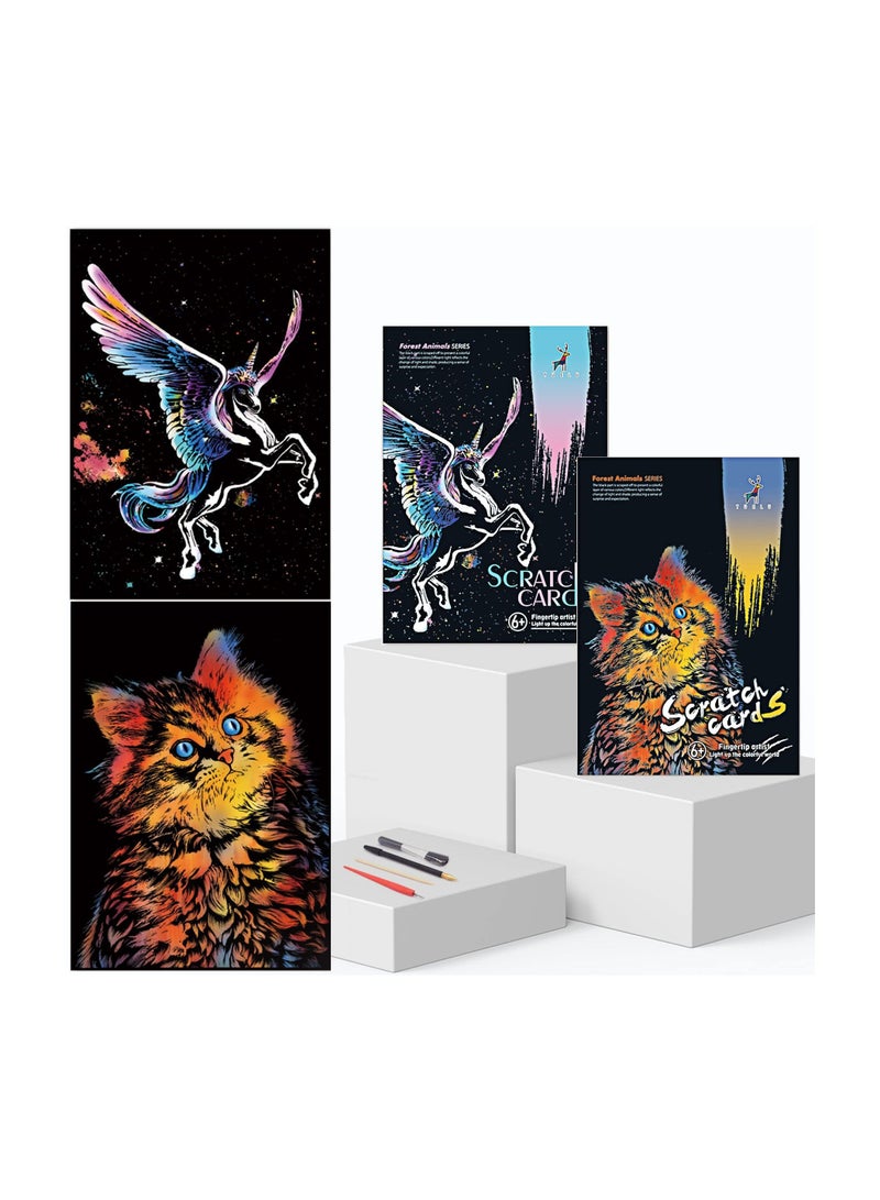 NIBEMINENT Rainbow Scratch Painting Set, SYOSI Sketch Pad DIY Scratchboard, Engraving Art and Craft Creative Gift, Birthday Gift Ideas Kids, with Tools (Unicorn Cat) - Image 1
