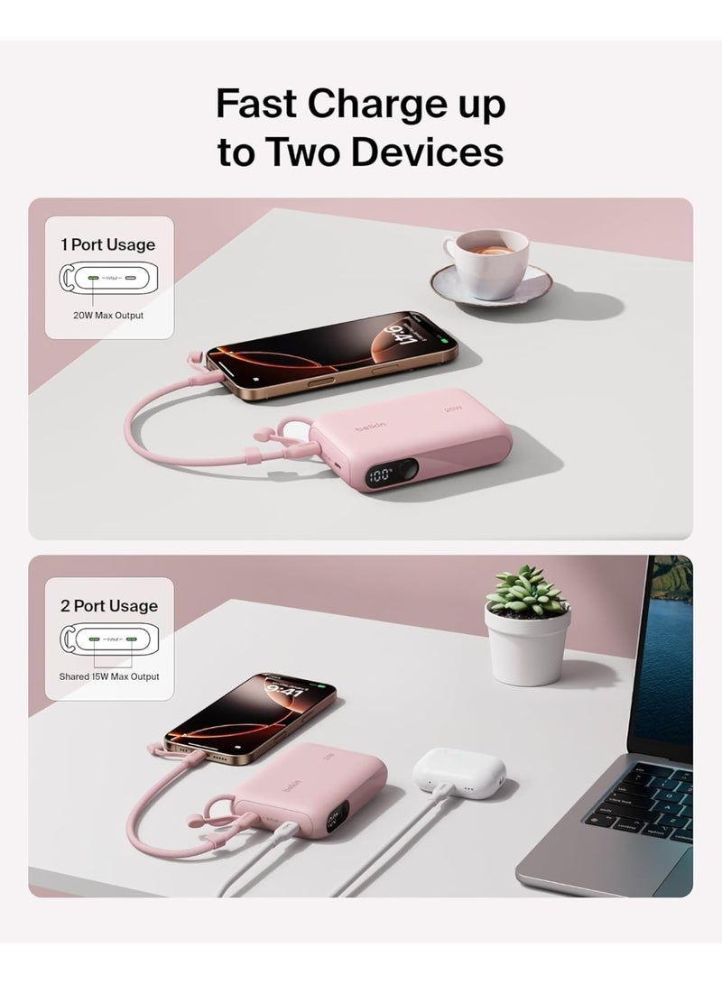 belkin Portable Charger, Slim USB-C Power Bank 10,000mAh with 2 USB-C Ports, Digital Battery Display, 20W Charging for iPhone 16, 15, Plus, Pro, Pro Max, Samsung Galaxy S25, S24, Pixel 9, iPad, & More Pink - Image 2