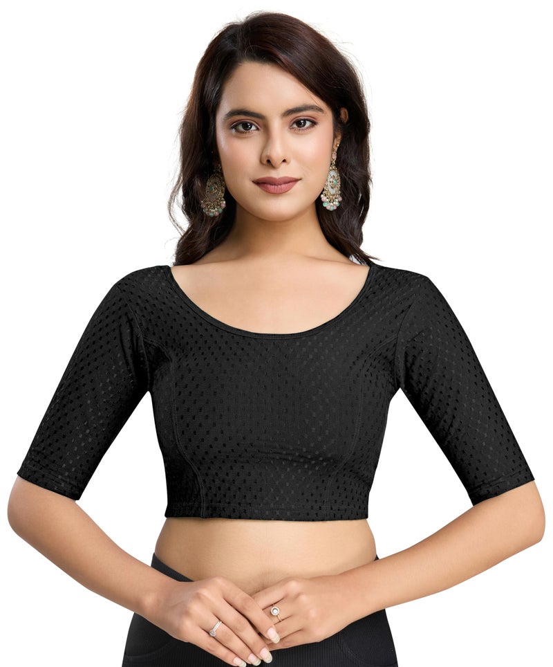 TRENDMALLS Women'sDobby Pure Cotton Elastin Stretchable Readymade Blouse (B01-Black-L) - Image 1