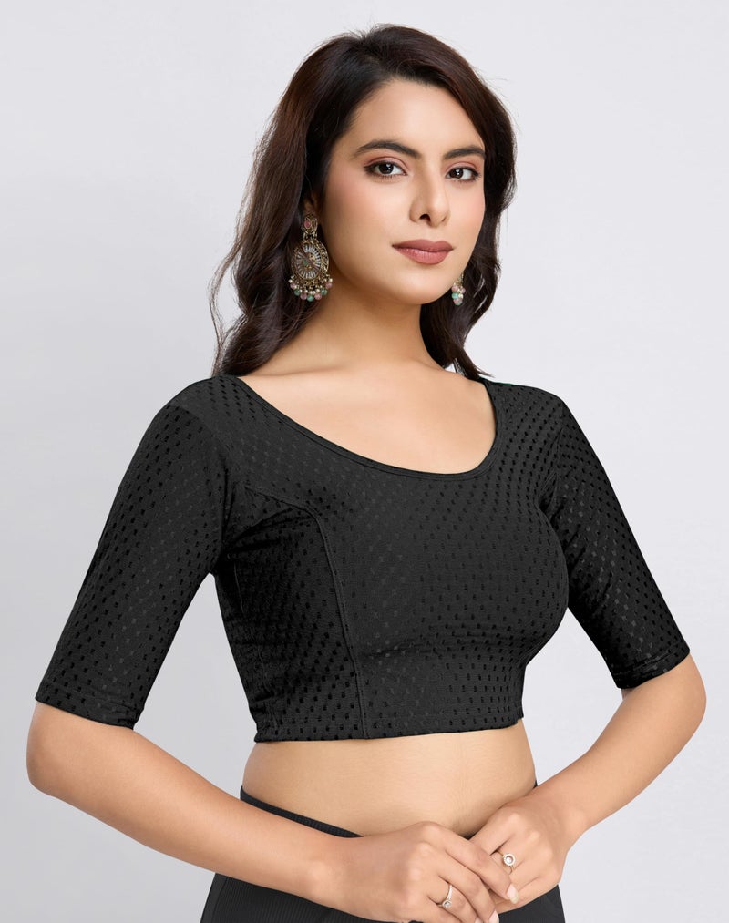 TRENDMALLS Women'sDobby Pure Cotton Elastin Stretchable Readymade Blouse (B01-Black-L) - Image 3
