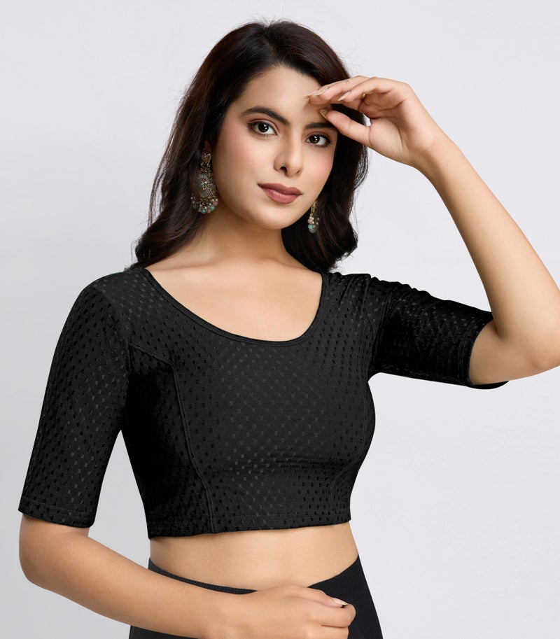 TRENDMALLS Women'sDobby Pure Cotton Elastin Stretchable Readymade Blouse (B01-Black-L) - Image 5