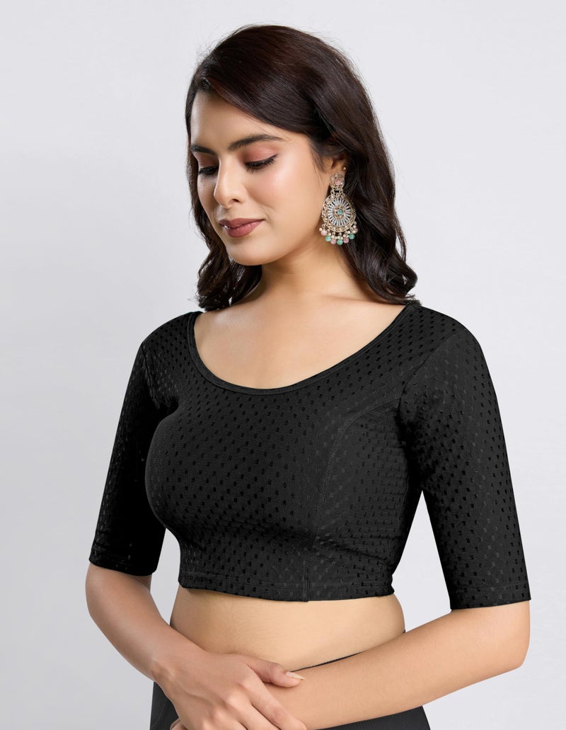TRENDMALLS Women'sDobby Pure Cotton Elastin Stretchable Readymade Blouse (B01-Black-L) - Image 4