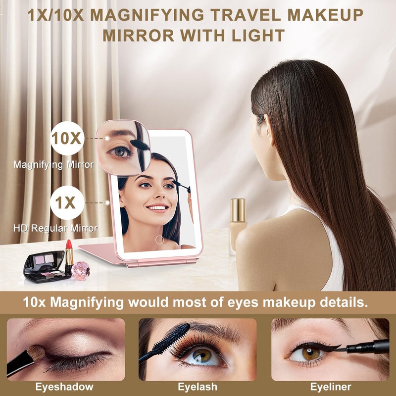 Mocado LED Foldable Travel Makeup Mirror - 5x7 inches 3 Colors Light Modes USB Rechargeable Touch Screen, Portable Tabletop Cosmetic for Travel, Cosmetic, Office (Rose Gold) - Image 2