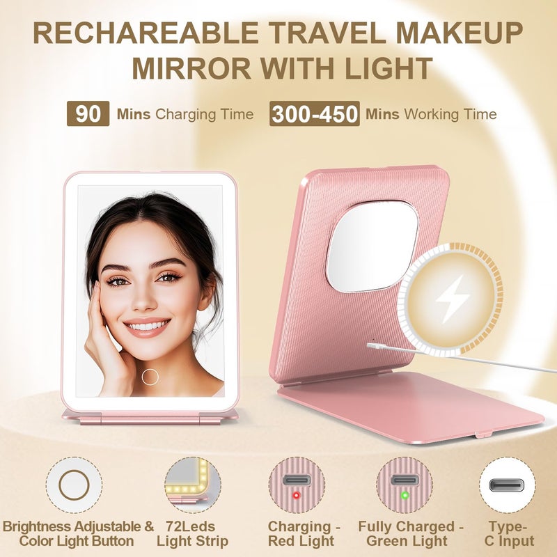 Mocado LED Foldable Travel Makeup Mirror - 5x7 inches 3 Colors Light Modes USB Rechargeable Touch Screen, Portable Tabletop Cosmetic for Travel, Cosmetic, Office (Rose Gold) - Image 4