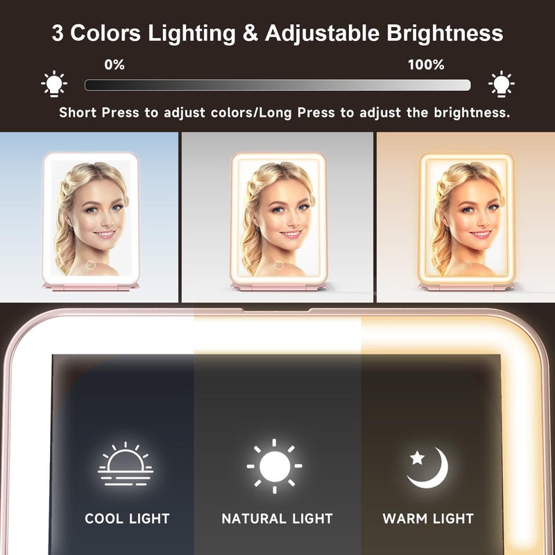 Mocado LED Foldable Travel Makeup Mirror - 5x7 inches 3 Colors Light Modes USB Rechargeable Touch Screen, Portable Tabletop Cosmetic for Travel, Cosmetic, Office (Rose Gold) - Image 5