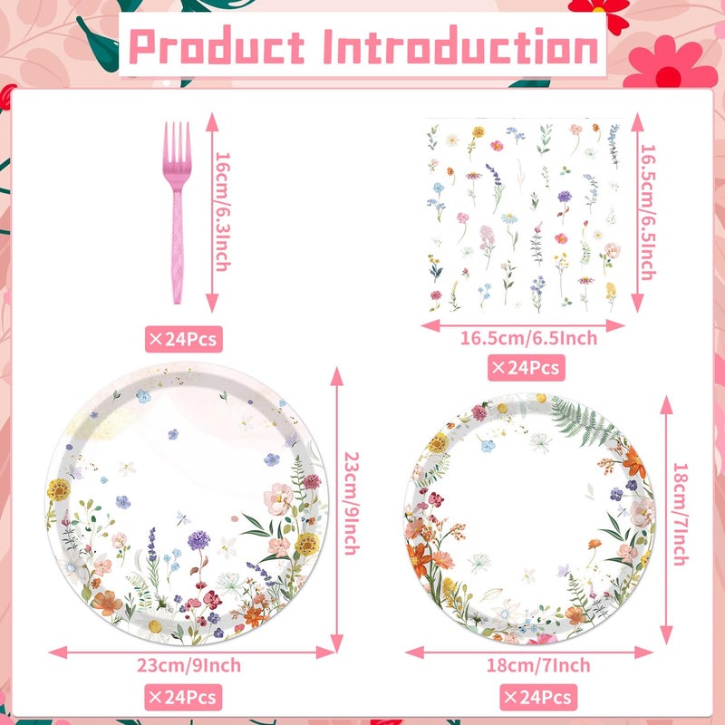 refavor Floral Paper Plates Set - 96PCS Wildflower Party Decorations Supplies Flower Baby in Bloom Baby Shower Decorations Disposable Flower Paper Plates Napkins Tableware Spring Summer Picnic Party - Image 2