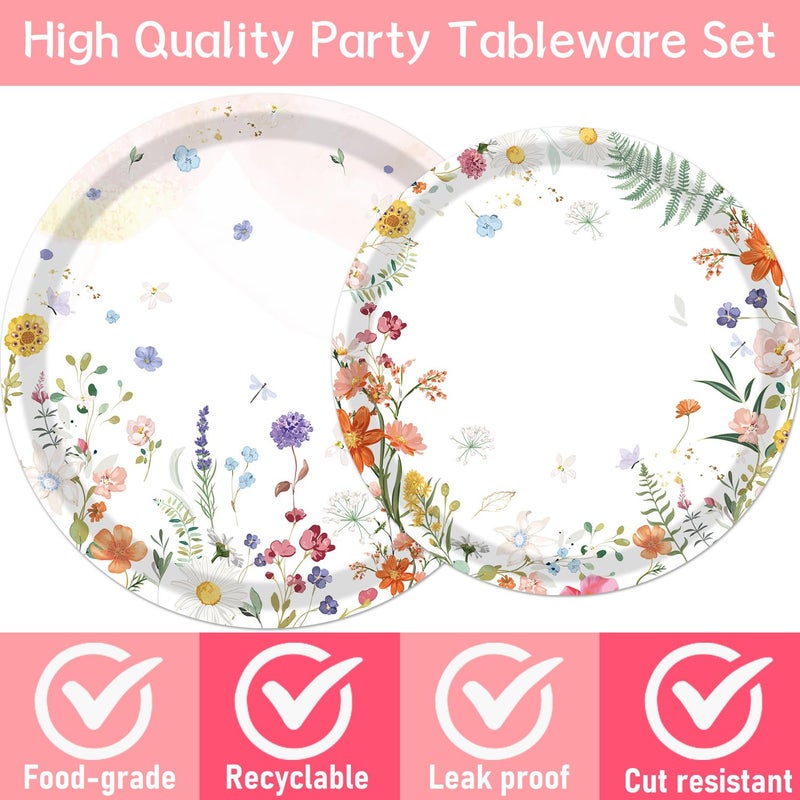 refavor Floral Paper Plates Set - 96PCS Wildflower Party Decorations Supplies Flower Baby in Bloom Baby Shower Decorations Disposable Flower Paper Plates Napkins Tableware Spring Summer Picnic Party - Image 3
