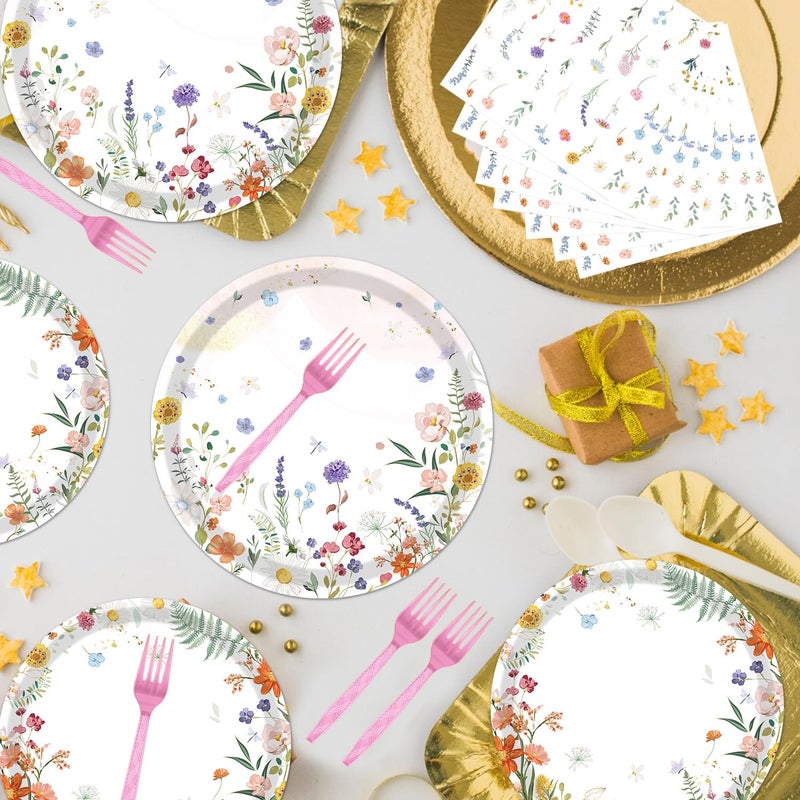 refavor Floral Paper Plates Set - 96PCS Wildflower Party Decorations Supplies Flower Baby in Bloom Baby Shower Decorations Disposable Flower Paper Plates Napkins Tableware Spring Summer Picnic Party - Image 5