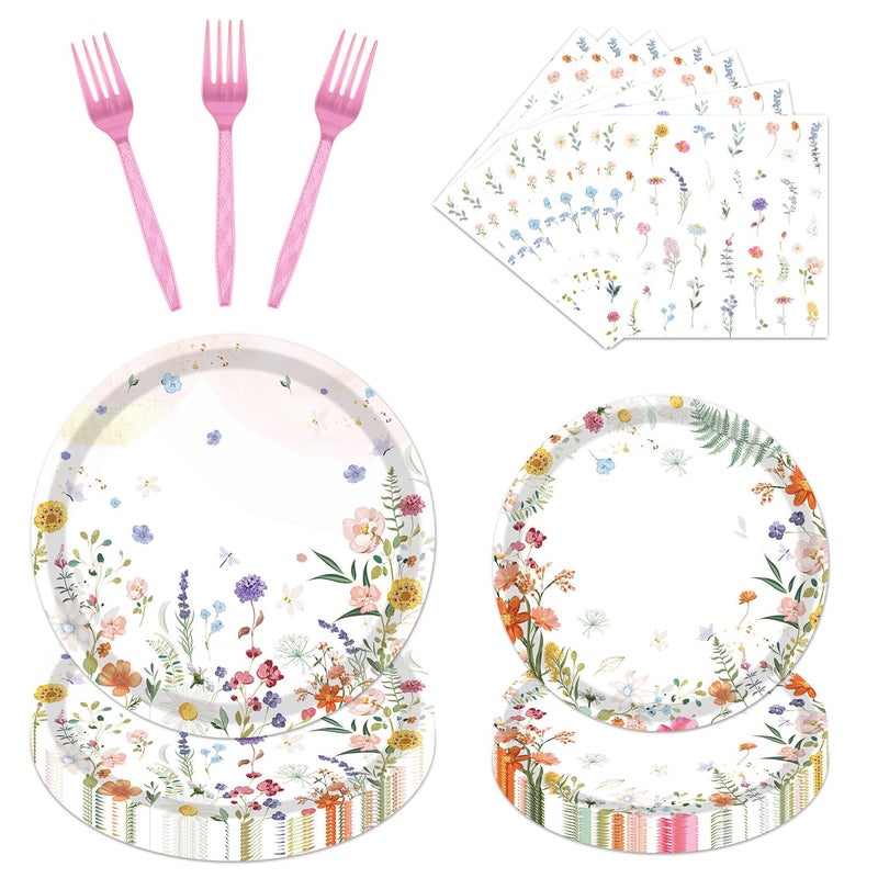 refavor Floral Paper Plates Set - 96PCS Wildflower Party Decorations Supplies Flower Baby in Bloom Baby Shower Decorations Disposable Flower Paper Plates Napkins Tableware Spring Summer Picnic Party - Image 1