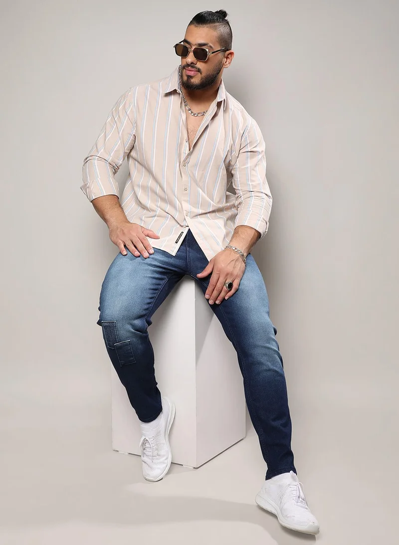 Instafab Plus Instafab Plus Men's Beige Striped Button Up Plus-Size Fit Shirt For Casual Wear | Cotton Spread Collar Shirt Crafted With Regular Sleeve & Comfort Fit For Everyday Wear