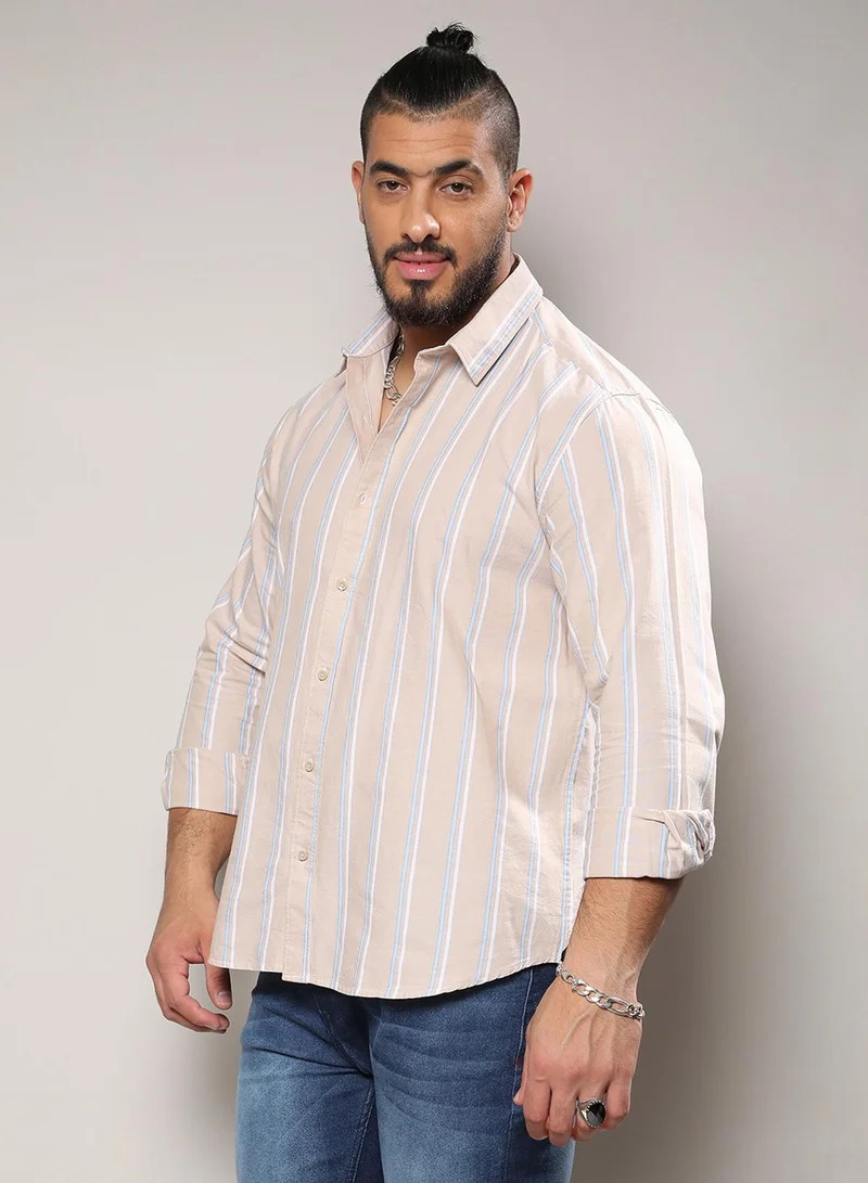 Instafab Plus Instafab Plus Men's Beige Striped Button Up Plus-Size Fit Shirt For Casual Wear | Cotton Spread Collar Shirt Crafted With Regular Sleeve & Comfort Fit For Everyday Wear