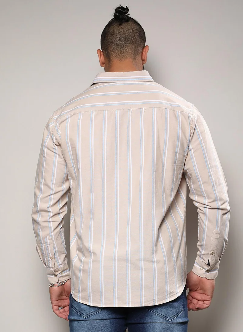 Instafab Plus Instafab Plus Men's Beige Striped Button Up Plus-Size Fit Shirt For Casual Wear | Cotton Spread Collar Shirt Crafted With Regular Sleeve & Comfort Fit For Everyday Wear