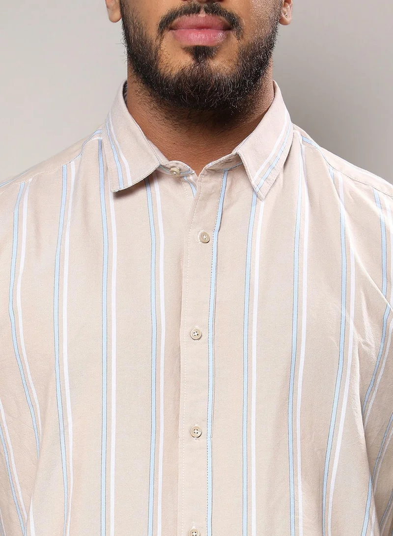 Instafab Plus Instafab Plus Men's Beige Striped Button Up Plus-Size Fit Shirt For Casual Wear | Cotton Spread Collar Shirt Crafted With Regular Sleeve & Comfort Fit For Everyday Wear