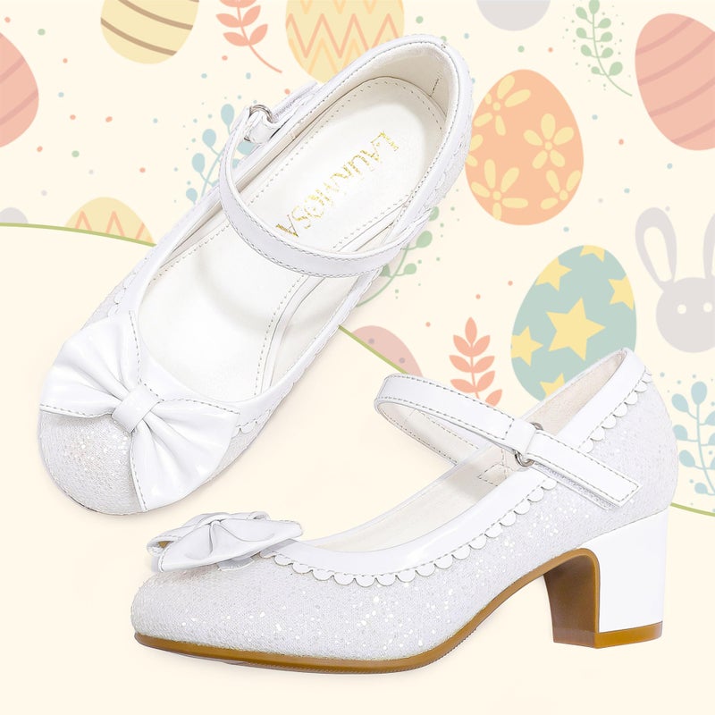 LAURMOSA Dress Shoes for Girls High Heels White Princess Glitter Shoes Flower Girl Toddler High Heels Size 12 Wedding Party Flats Church First Communion Kids Dress Pump(L1036GlWhite 12) - Image 5