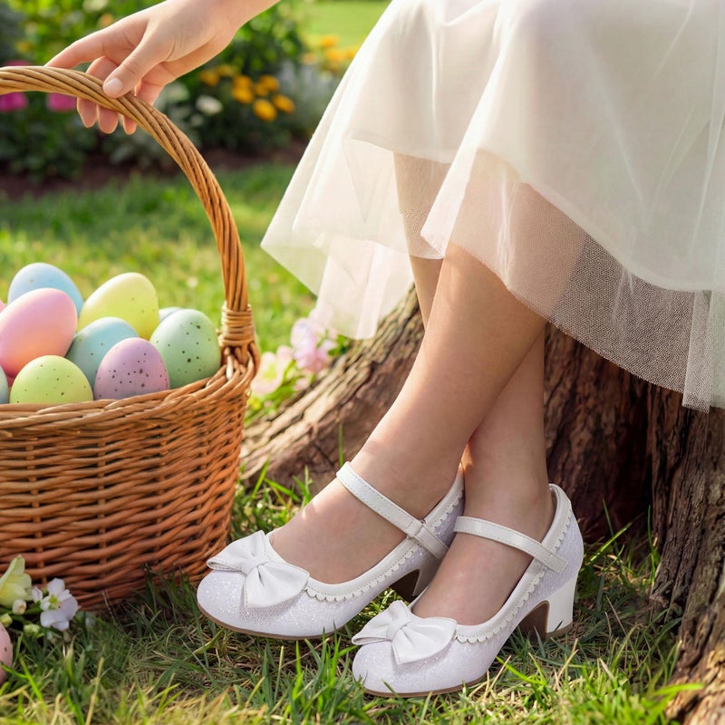 LAURMOSA Dress Shoes for Girls High Heels White Princess Glitter Shoes Flower Girl Toddler High Heels Size 12 Wedding Party Flats Church First Communion Kids Dress Pump(L1036GlWhite 12) - Image 2