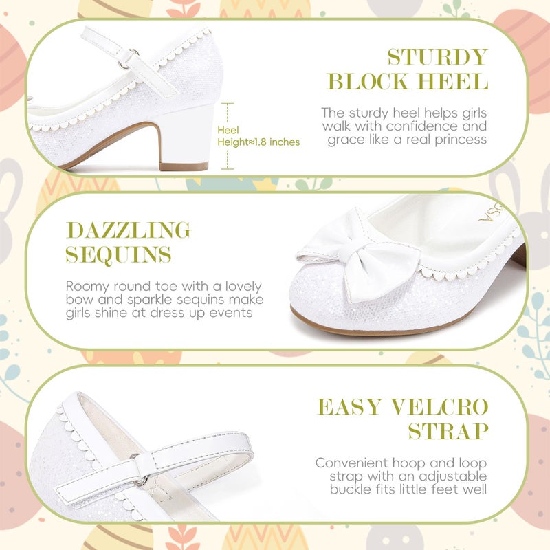 LAURMOSA Dress Shoes for Girls High Heels White Princess Glitter Shoes Flower Girl Toddler High Heels Size 12 Wedding Party Flats Church First Communion Kids Dress Pump(L1036GlWhite 12) - Image 4