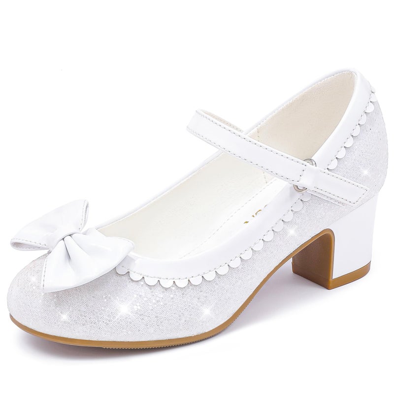 LAURMOSA Dress Shoes for Girls High Heels White Princess Glitter Shoes Flower Girl Toddler High Heels Size 12 Wedding Party Flats Church First Communion Kids Dress Pump(L1036GlWhite 12) - Image 1