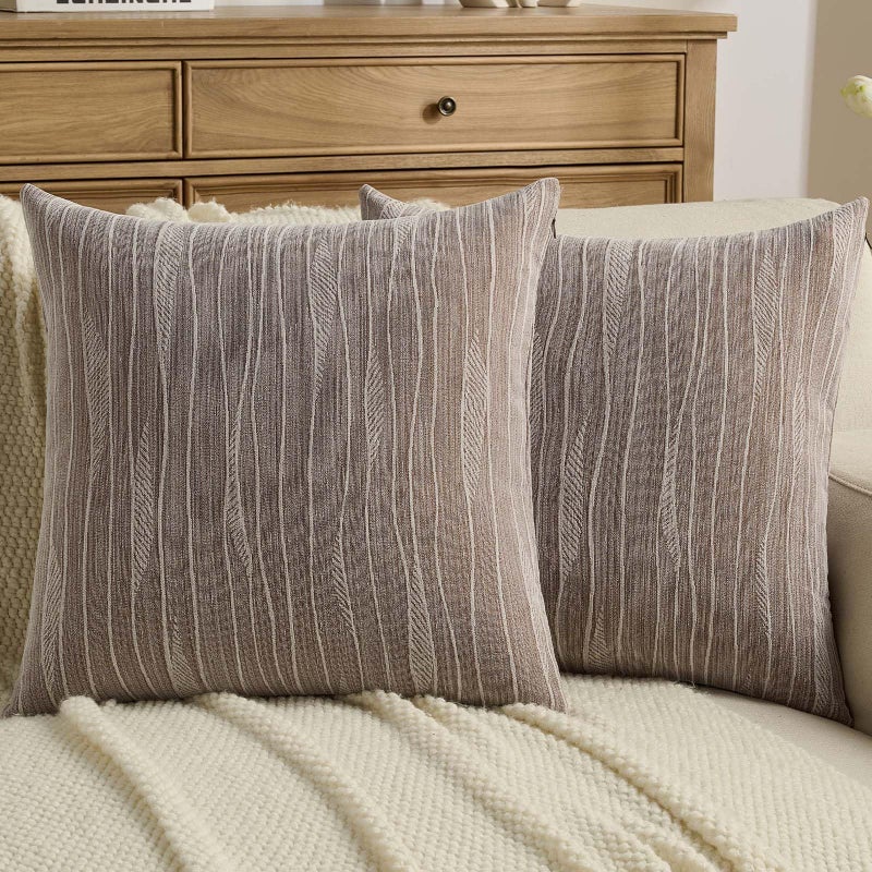 FUTEI Dyeing Brown Chenille Throw Pillow Covers 18x18 Inch Set of 2,Soft Line Textured Cushion Cases,Modern Home Decor for Couch Living Room - Image 1