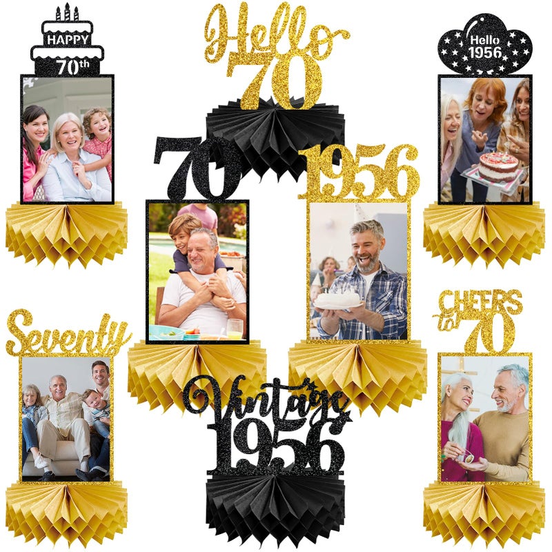 Eucutur 8Pcs 70th Birthday Decorations Honeycomb Centerpieces for Women Men Black Gold Vintage 1956 70th Bday Photo Table Centerpieces Party Supplies Glitter Cheers to 70 Year Old Bday Table Topper - Image 2