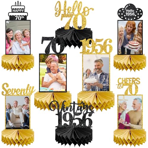 Eucutur 8Pcs 70th Birthday Decorations Honeycomb Centerpieces for Women Men Black Gold Vintage 1956 70th Bday Photo Table Centerpieces Party Supplies Glitter Cheers to 70 Year Old Bday Table Topper - Image 1