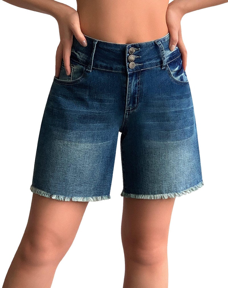 roswear Women's Stretchy Wide Leg High Waisted Frayed Hem Long Jean Shorts Blue Large - Image 1