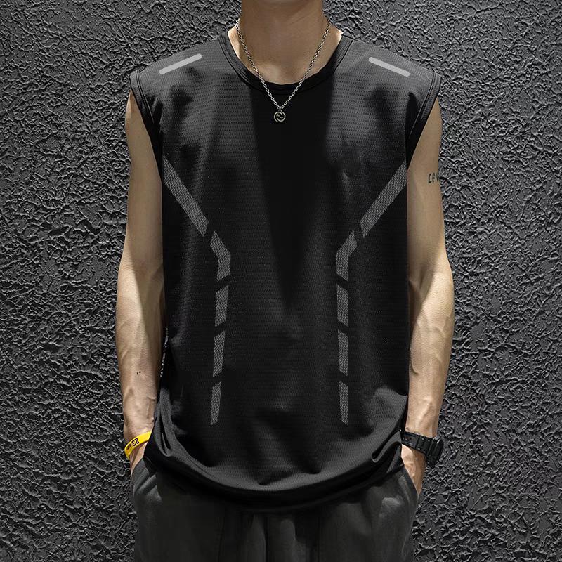[fast delivery] vest mens quick-drying sleeveless T-shirt ice silk sports top loose running short sleeve training fitness Pure black [side pole butterfly mesh vest] 