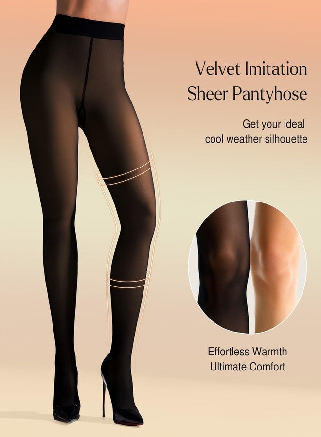 Popilush Fleece Lined Tights for Women- Black Thermal Sheer Tights Thick Winter Warm Pantyhose - Image 2