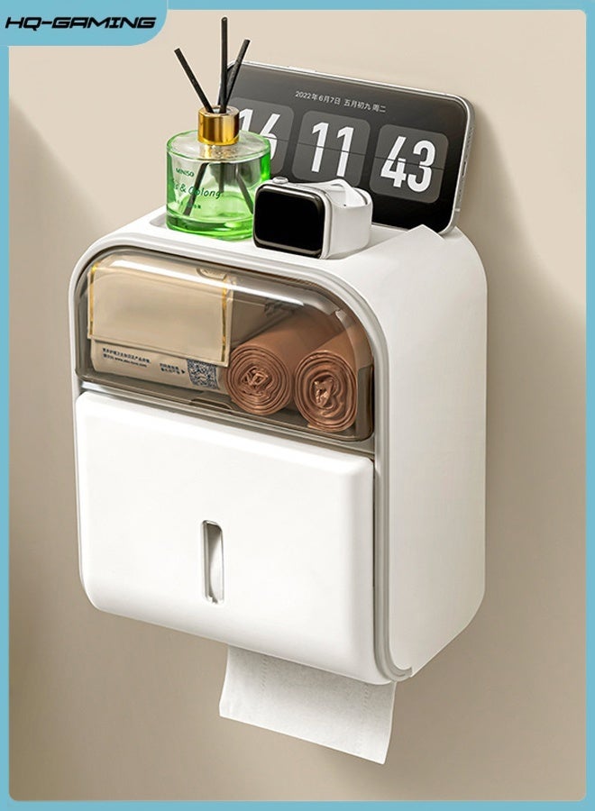 HQ-GAMING Toilet Paper Holder with Shelf Wipes Dispenser for Bathroom Toilet Paper Holder with Storage Upgrade Drawer Design Toilet Tissue Holder Small Bathroom Shelf Wall Mount - Image 1