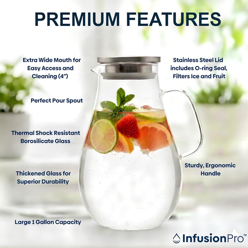 Infusion Pro 1 Gallon Glass Pitcher with Lid, Heat Resistant for Hot/Cold Use, Extra-Wide 4" Mouth, Great Iced Tea Pitcher | Delight Collection, 1 Gallon, 4 L - Image 2