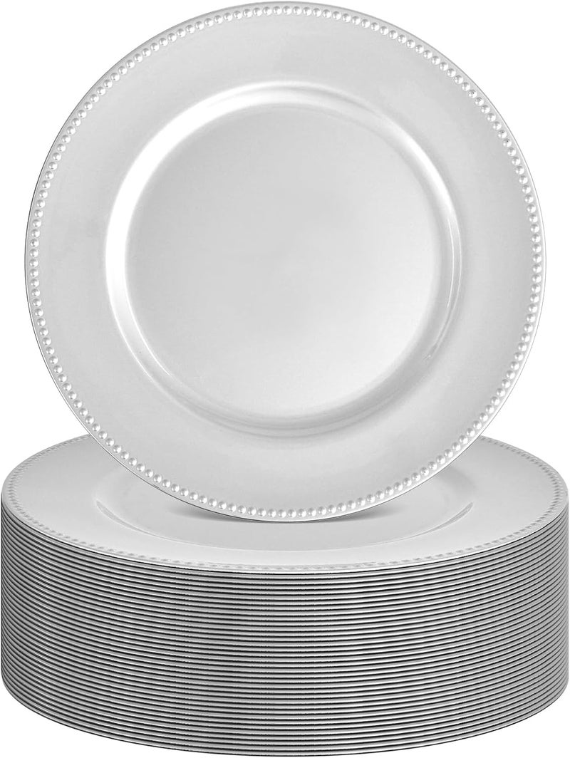 FXKS 36 Pcs Silver Charger Plates Round Charger Plates13 Inch Bulk Wedding Dinner Elegant Reusable Plastic Chargers Plates Wedding Holiday Party Baby Shower Event Decoration Silver - Image 1