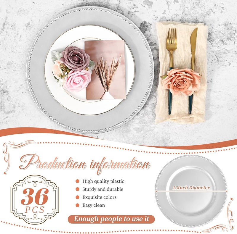 FXKS 36 Pcs Silver Charger Plates Round Charger Plates13 Inch Bulk Wedding Dinner Elegant Reusable Plastic Chargers Plates Wedding Holiday Party Baby Shower Event Decoration Silver - Image 2