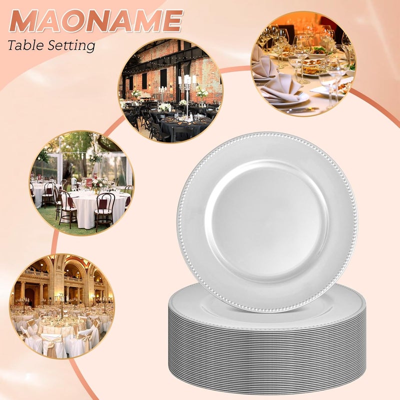 FXKS 36 Pcs Silver Charger Plates Round Charger Plates13 Inch Bulk Wedding Dinner Elegant Reusable Plastic Chargers Plates Wedding Holiday Party Baby Shower Event Decoration Silver - Image 4