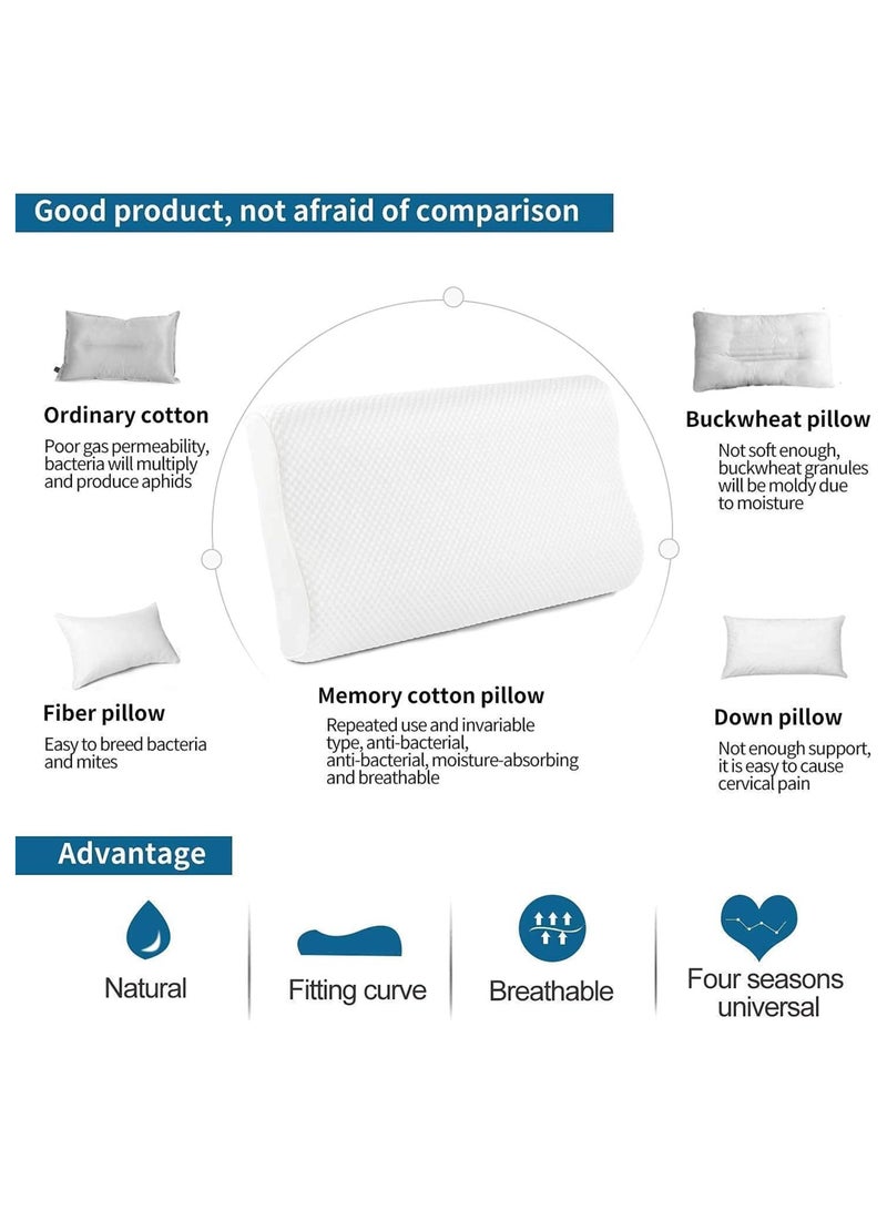 Cervical Orthopedic Memory Foam Pillow Standard Size Neck & Back Support Pillow for Sleeping with Removable Zipper Cover (23” L x 13.8” W x 4” H | Color: White | 2pcs Set - Image 2