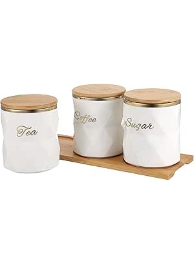 White Ceramic Sugar Coffee Tea Canisters with Lid and Tray - Airtight Set of 3 Storage Canisters Food Storage Containers Pots Jars with Bamboo Lid for Kitchen Counter