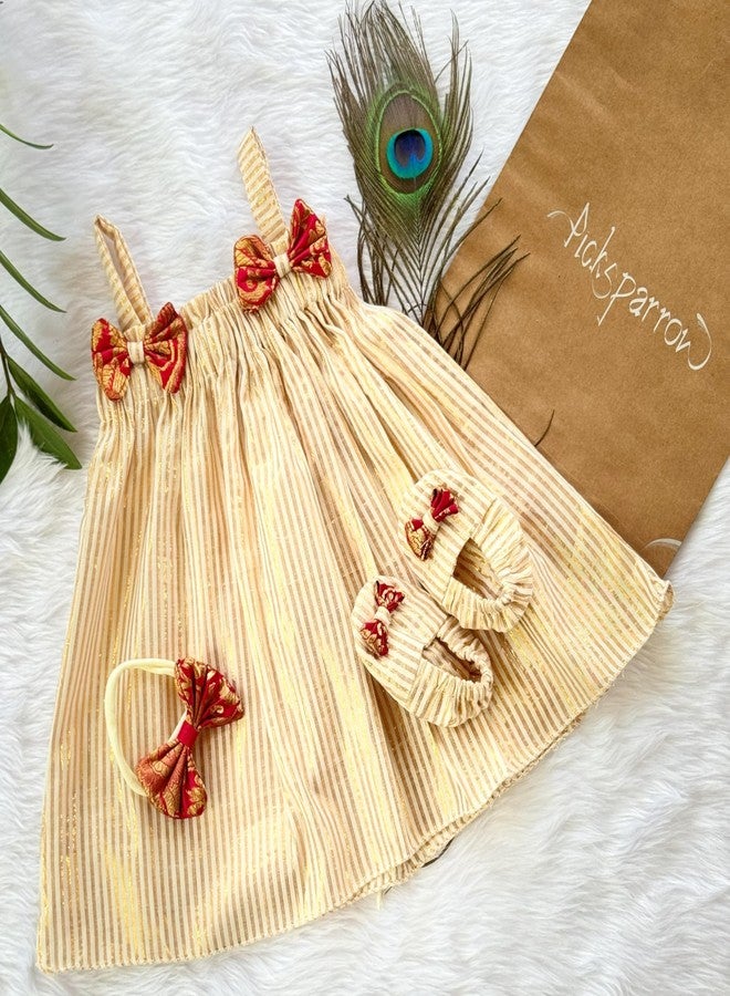 Picksparrow Baby Girl Cotton Dress-Headband-Booties/Namakarana Set (Cotton-Lurex) (6-12 Months, Gold - Elastic Neck) - Image 2