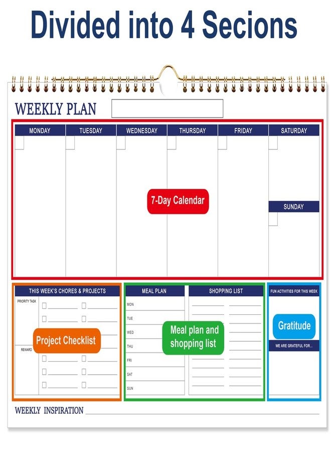 Tuun Fuplan Weekly Family Planner - 17" x 12" Spiral Weekly Calendar, 53 Weekly Goals Schedule Planner for Planning and Organizing Family Activities, Meal Tracker, Undated - Image 4