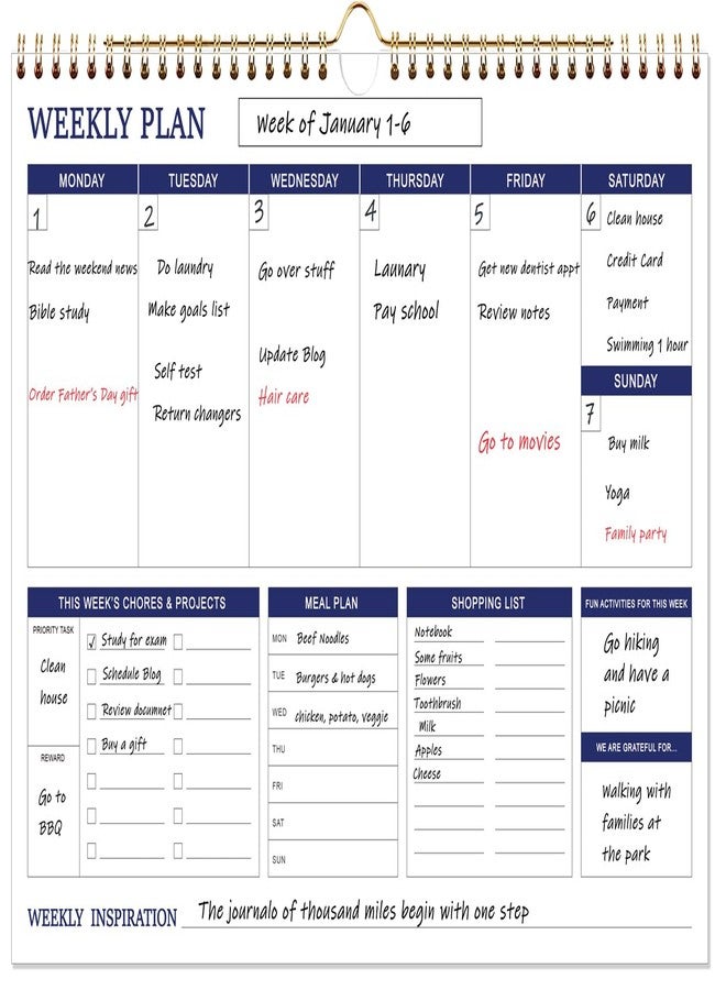 Tuun Fuplan Weekly Family Planner - 17" x 12" Spiral Weekly Calendar, 53 Weekly Goals Schedule Planner for Planning and Organizing Family Activities, Meal Tracker, Undated - Image 1